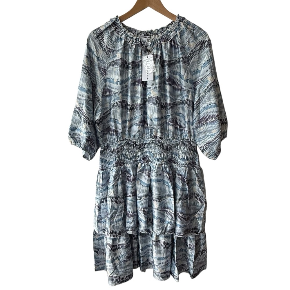 Yakira Bella Printed Smocked Waist Ruffle Blouson Dress Size XL NWT Blue White